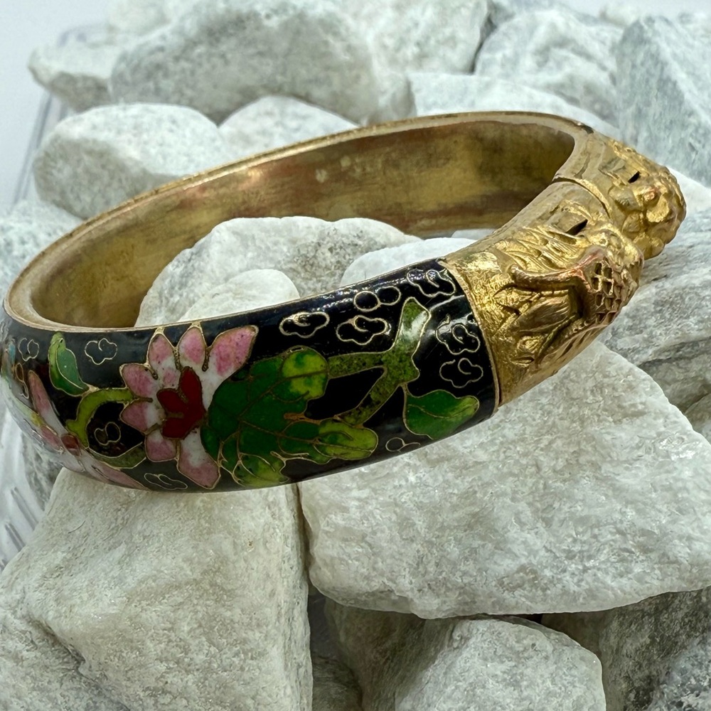 Vintage Cloisonné Twin Dragon Bangle Bracelet Black Enamel Floral 2.5” - Picture 5 of 17